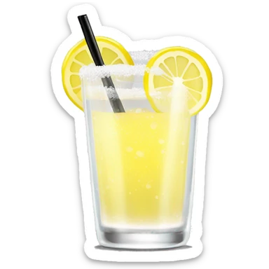 clear lowball glass with clear bubbly with a yellow tint liquid inside with a fresh lemon slice garnish on rim white salt down the side of the rim and a black straw sticker