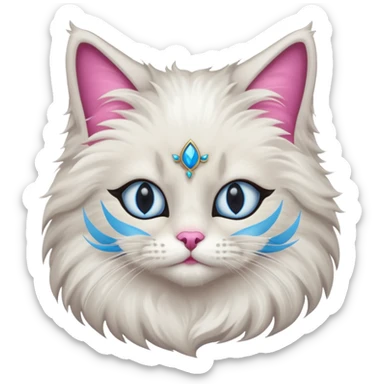 Neva masquerade cat, very fluffy, gray and white, with blue eyes and pink nose sticker