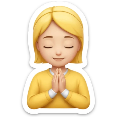 A 3D Apple-style yellow round emoji, calm and patient expression, closed eyes with a gentle smile, hands together in front as if waiting or praying, soft relaxed eyebrows, subtle glow around the head to symbolize patience, clean minimal background sticker