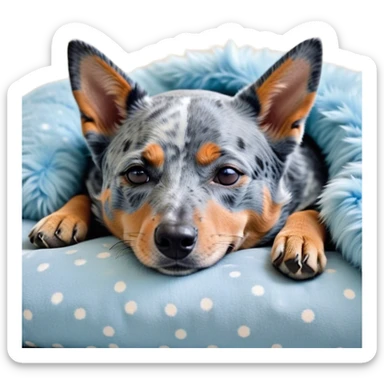 Meme-Worthy Cute Sleeping Blue Speckle Australian Cattle Dog Portrait Emoji, Head resting peacefully with a contented smile, showcasing a robust build and a luxuriously soft blue speckle Fur, eyes shut in a serene nap, Simplified yet hilariously adorable features, highly detailed, glowing with a soft, drowsy light, high shine, relaxed and utterly lovable, stylized with an air of playful laziness, bright and heartwarming, soft glowing outline, capturing the essence of a comically sleepy herder, so meme-worthy it feels like it could instantly become the next viral sensation of adorable slumber! sticker