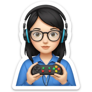 
gamer, black hair girl with glasses, headphone, gamepad sticker