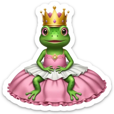 Brown bed with white sheets and a pink comforter.  In the bed sits a frog in a frilly little pink dress, wearing a crown and sitting like a frog would normally sit. sticker