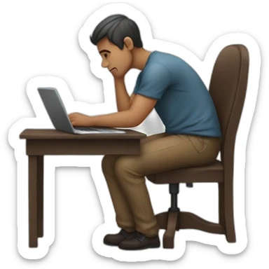 a man with a bad posture sitting on a cahir and using his laptop sticker