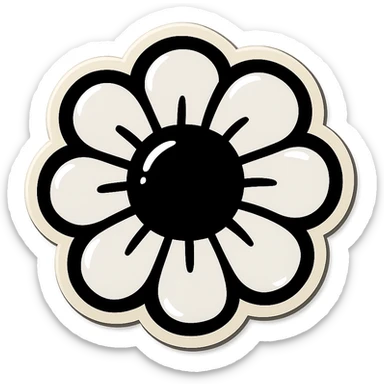 black and white flower with bold outlines, retro sticker style, no color sticker