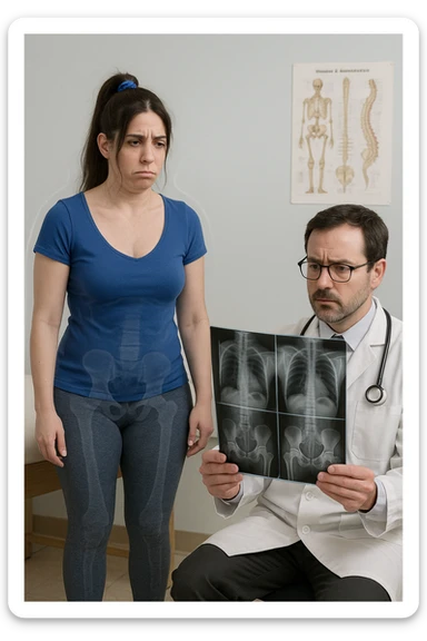 a person sits in a doctor’s office, holding medical imaging results (like X-rays or MRI scans) that appear normal. However, a subtle shadow or ghosted outline around their body reveals postural asymmetries—such as uneven shoulders or hips—that are not visible in the scans. The doctor looks puzzled, while the patient appears frustrated. sticker