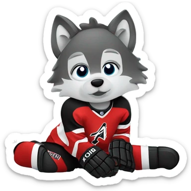 A wolf hockey player lies on the ice in a red white and black uniform A wolf hockey player lies on the ice in a red white and black uniform sticker