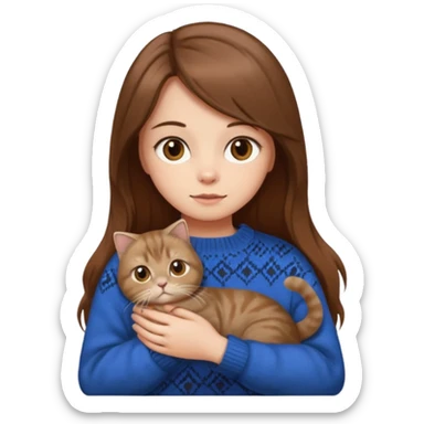 girl with long brown hair in a sweater holding a Scottish Fold cat, emoji style sticker