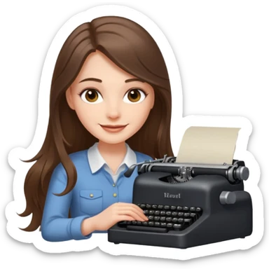 smiling white long brunette hair girl with hazel eyes typing on a typewriter sticker