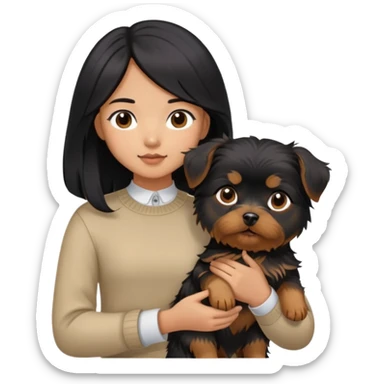 A couple holding a small Yorkshire Terrier together. The girl is Asian with long, luscious wavy black hair (loose, no hair tie). She is standing beside a brown-skinned man with a short middle part haircut sticker