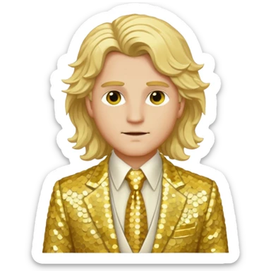 Apollo from Greek Mythology with long blonde wavy hair, ivory sequin suit jacket and tie, yellow shirt sticker