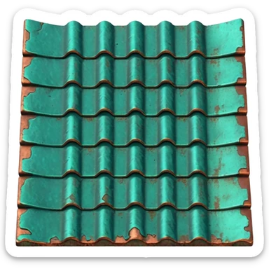 3D render of Roof Tile, heavily oxidized copper texture, verdigris patina, Aged green copper shingle, weathered bronze aesthetic, ancient decay, emoji style, isolated on white background --v 6.0. sticker