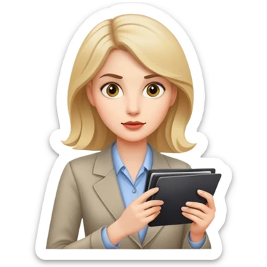 white woman reporter examining pictures, holding photos, curious look sticker