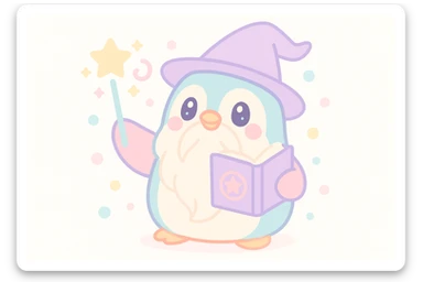 chubby penguin wizard casting a spell, with a long beard and a mystical book, charming and magical sticker