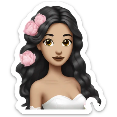 White bride with long black hair and brown eyes with light pink peonies in hair white skin  sticker