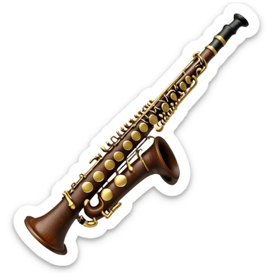 Create an elegant and detailed emoji representing a clarinet. The design should feature the sleek, dark wood finish of the clarinet with its shiny metal keys clearly visible. Highlight the intricate details, such as the bell at the end and the carefully crafted mouthpiece with the reed. Use dark wood tones for the body of the instrument and silver or brass accents for the keys. Add subtle musical notes or soundwaves floating around the instrument to evoke the smooth, melodic sound of the clarinet. The background should be transparent. sticker