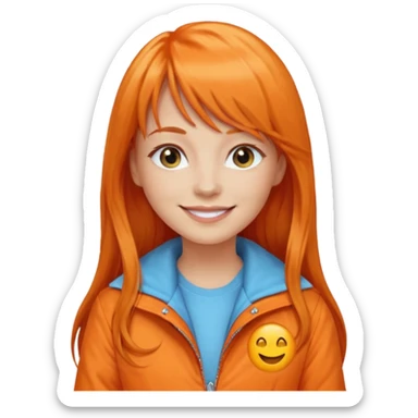 Create a custom emoji-style character inspired by a smiling woman with long orange hair and bangs, light skin tone, light blue eyes, and wearing an orange jacket sticker