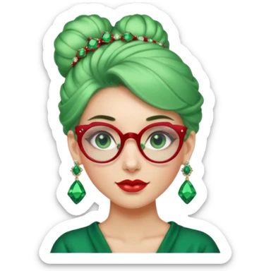 gem lover woman with gem accessories excessive amount gem glassess very big gem earrings green bun hair and red diamonds sticker