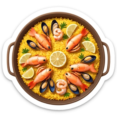 cinematic-realistic-paella-dish-emoji,-depicted-as-a-vibrant,-aromatic-rice-dish-loaded-with-seafood,-chicken,-and-saffron-rendered-with-rich-textures-and-dynamic,-warm-lighting with a lemon slice in the middle sticker