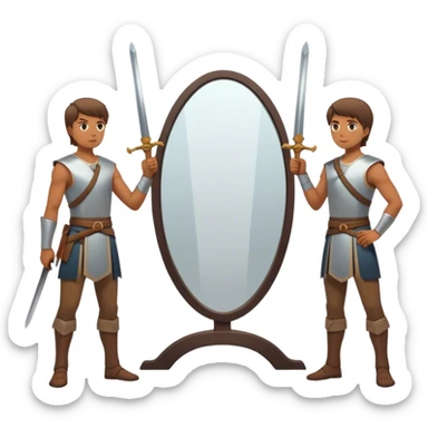A person standing in front of a mirror, looking at their own reflection, while a sword on the ground beside them. The mirror represents self-awareness and acceptance sticker