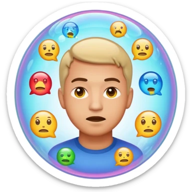 Realistic emoji-style man trapped inside a glowing filter bubble. The bubble contains identical social media icons and repeating content symbols. Outside the bubble are colorful diverse icons he cannot see. The man looks comfortable but unaware, expressing narrow perspective. sticker