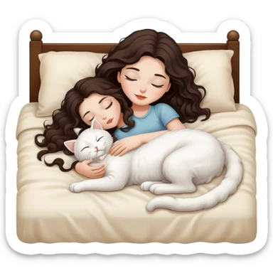 White Barbie girl dark brown long wavy hair sleeping with white kitty at cream bed sticker