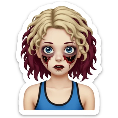 Crie um emoji de uma garota zumbi, como esta: "🧟‍♀️'. Porém invés da camiseta, uma regata fina e de cor preta, os cabelos loiros escuros na altura do ombro e picotado, liso na raiz e cacheado nas pontas, com mechas azuis nas mechas da frente e a parte de trás pintada de vermelho vinho sticker