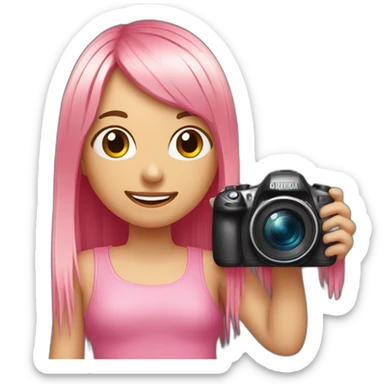 happy girl with long, straight rose hair with fringe and holding camera and wearing pink, pretty top sticker