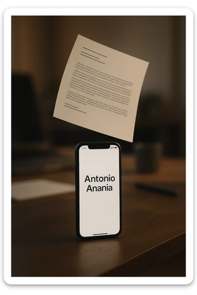 A photo of an iPhone with the message "Antonio Anania" on its screen, hovering over it is another document floating in mid-air, both surrounded by soft light and shadow. The phone sits atop a desk with a blurred background that suggests work environment. A faint glow from above casts gentle shadows across the surface of each object, creating depth and highlighting their textures. sticker