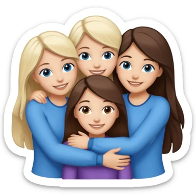 four white girlfriends hugging and smiling    2 girls with brown eyes and long dark brown hair. Two girls with blue eyes and light blonde hair sticker