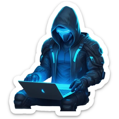 developer behind his laptop with this style : crysis Cyberpunk Riot Games Valorant neon glowing bright blue character blue black hooded assassin themed character sticker