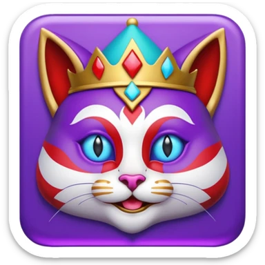crazy colorful cute little cat jolly joker from poker, medieval, vintage, court jester, mac os icon, purple, gold and red color, half body, blue ice eyes. Squared shape as 3D mac os icon, symmetrical sticker