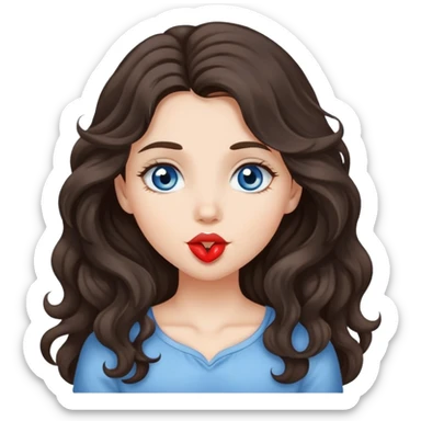 A girl with long, dark brown, wavy hair, grey-blue eyes, Sends a kiss sticker