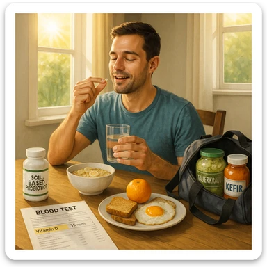 realistic wellness illustration style of a man taking soil-based probiotics with breakfast, sunlight streaming in to symbolize vitamin D, blood test results showing vitamin D levels visible on table, gym bag nearby with fermented foods visible, positive and health-focused atmosphere, bright natural lighting sticker