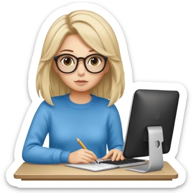 ragazza bionda con capelli lunghi, con occhiali tartarugati, occhi azzurri, con maglione beige, seduti alla scrivania che lavora al pc sticker