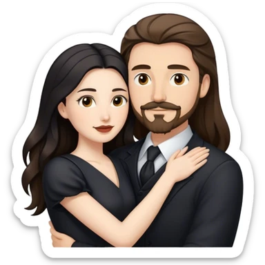 tall white man with brown hair goatee mustache hugging a pale woman with long black hair, wearing elegant clothing sticker