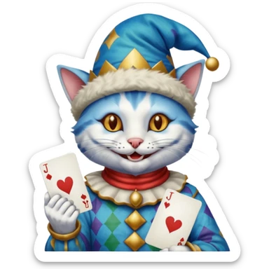 crazy colorful cute little cat jolly joker from poker, medieval, vintage, court jester, mac os icon, blue color, holds a single poker card on the right paw sticker