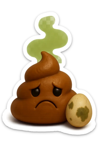 emoji stile iphone feci tristi realistiche 3d con nuvoletta verde che esce simboleggiando puzza e con accanto un uovo marcio 4k
 sticker
