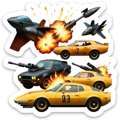 Photorealistic Icon for Action Movies: Close-up Dynamic collage of iconic action movie scenes featuring explosions, fast cars, combat, and weapons. Include silhouettes of famous action heroes, dramatic lighting, and a sense of high-octane energy. Transparent background. sticker