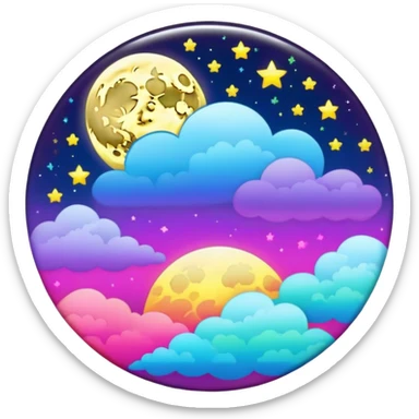 Beveled button with Neon rainbow colored damask style full moon with stars and clouds in the center sticker
