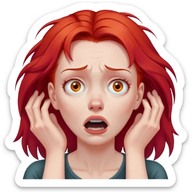of a white woman with bright red hair, visibly distressed and clutching her neck with both hands, her face conveying a strong sense of panic and fear sticker