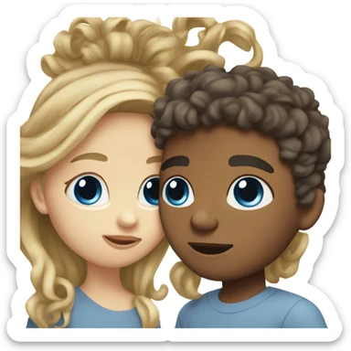 girl with straight blonde hair and blue eyes kissing mixed boy with curly brown hair sticker
