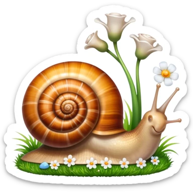 Close-up of large home snails inside a terrarium, showcasing their soft, spiral shells and glistening bodies, with a gentle light highlighting their details. With stones and grass and flowers. Transparent background. sticker