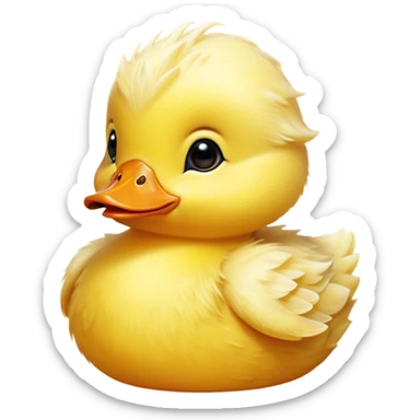 Cinematic Cute Yellow Baby Duck Portrait Emoji, Head tilted playfully and inquisitively, featuring a fluffy, vibrant yellow downy coat with a tiny delicate beak, round, sparkling eyes filled with curiosity, Simplified yet irresistibly adorable features, highly detailed, glowing with a warm, friendly glow, high shine, affectionate and spirited, stylized with a touch of playful whimsy, bright and endearing, soft glowing outline, capturing the essence of a mischievous yet loving duckling, so playful it feels like it could peep out of the screen and into your arms! sticker