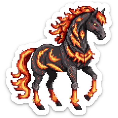 A red fire horse made of embers and magma, with visible lava flowing through its body, flames burning off its mane and tail, and ash particles surrounding it sticker
