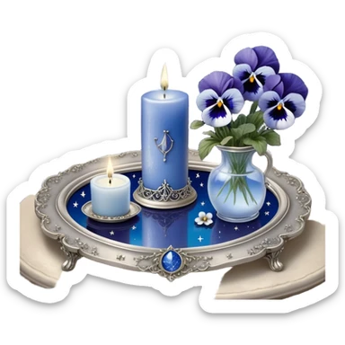 An enchanting nighttime scene where rich blue pansies bloom in a mystical landscape, their petals appearing almost luminous under the soft radiance of a silver crescent moon. A pearl-colored candle, embellished with intricate celestial symbols, sits atop an antique mirror tray, reflecting its warm glow. Wisps of silver mist curl around the flowers, and tiny glowing stars seem to hover just above the ground, adding to the dreamlike atmosphere. In the distance, a faint silhouette of a gothic archway frames the moon, enhancing the scene’s otherworldly beauty. sticker