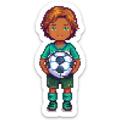 joyful elementary school boy with a soccer ball, pixel art style sticker
