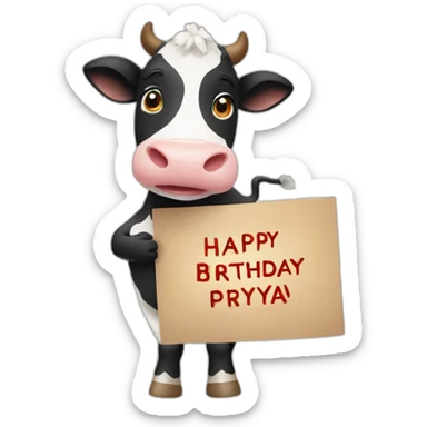 cow holding a sign that has “Happy Birthday Priya” sticker