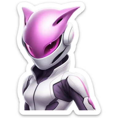 White body, Anthro-Sona-Lizard-Alien-Salazzle-Mew-Mewtwo-Fakémon, with pink eyes, with a futuristic visor-helmet, wearing a techwear-suit, Full Body sticker