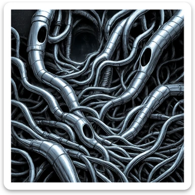 Make the network of wires and tubes metallic, with reflective chrome and steel, biomechanical, Giger style, surreal atmosphere. sticker