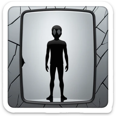 Minimalist emoji-style sticker of a person standing in front of a cracked mirror. The mirror shows a dark shadowy silhouette or distorted figure instead of a reflection. Flat black and white design with muted gray tones. No text. Bold, clean lines. Square composition. No shading or gradients. sticker